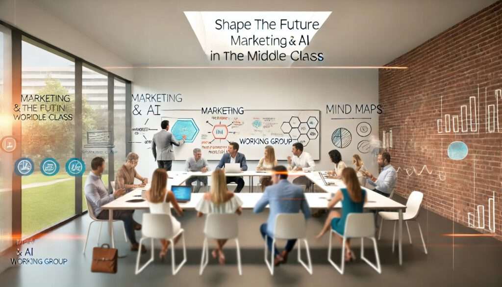 DALL·E 2024-08-22 19.43.14 - A modern, professional work environment focused on a collaborative meeting about 'Marketing & AI in the Middle Class'.